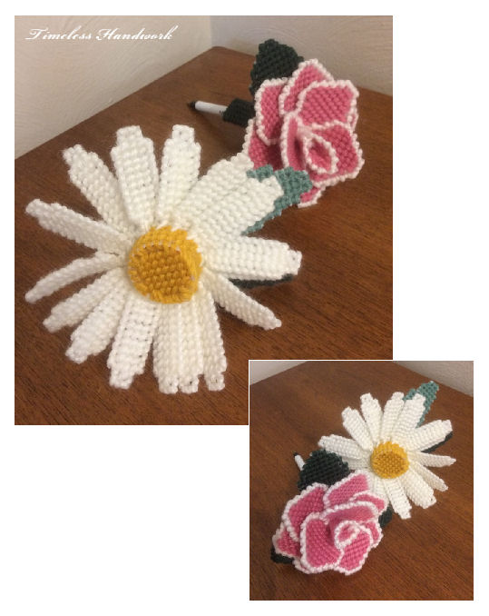 #71TH Floral Penholders 1 Daisy And Rose Plastic Canvas Pattern Set